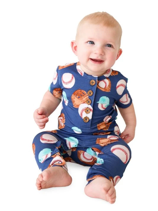 Posh Peanut Baby's & Little Boy's Homer Baseball Print Henley Coveralls For Kids 4 Posh Peanut Baby's & Little Boy's Homer Baseball Print Henley Coveralls For Kids - Image 2