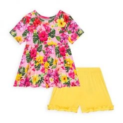 Posh Peanut Little Girl's & Girl's Malana Hawaiian Hibiscus Peplum Top & Ruffled Shorts Set For Kids