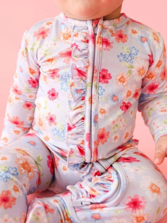 Posh Peanut Baby Girl's Carissa Ruffled Double Zip One-Piece Footie For Kids 5 Posh Peanut Baby Girl's Carissa Ruffled Double Zip One-Piece Footie For Kids - Image 3