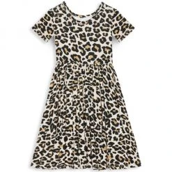 Posh Peanut Girl's Lana Leopard Short Sleeve Basic Twirl Dress For Kids